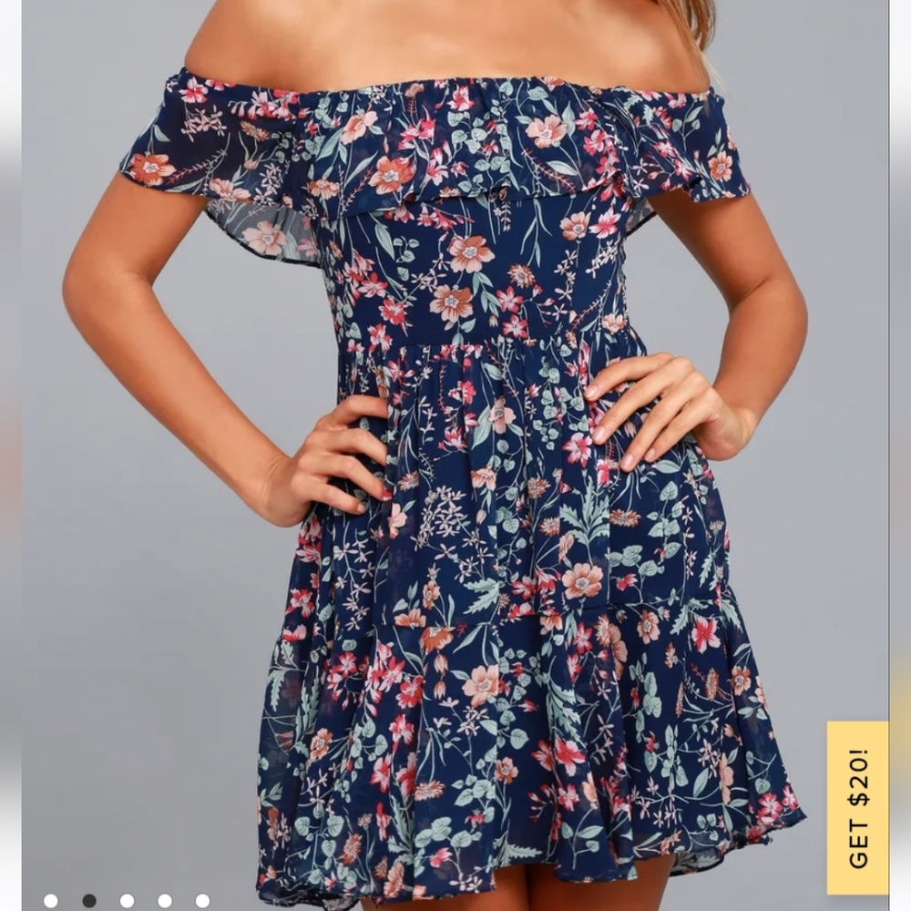 Lulus Navy Blue Floral Print Off-the-Shoulder Dress